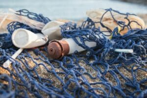 Ocean plastics and ropes ready for recycling.